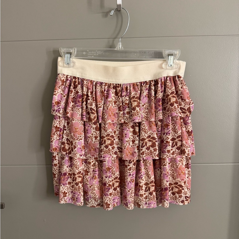 Chic Floral Ruffle Mini Skirt - Pink and Brown